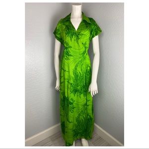 Vintage Green Leaf Print Hawaiian Tiki Maxi Wrap Dress